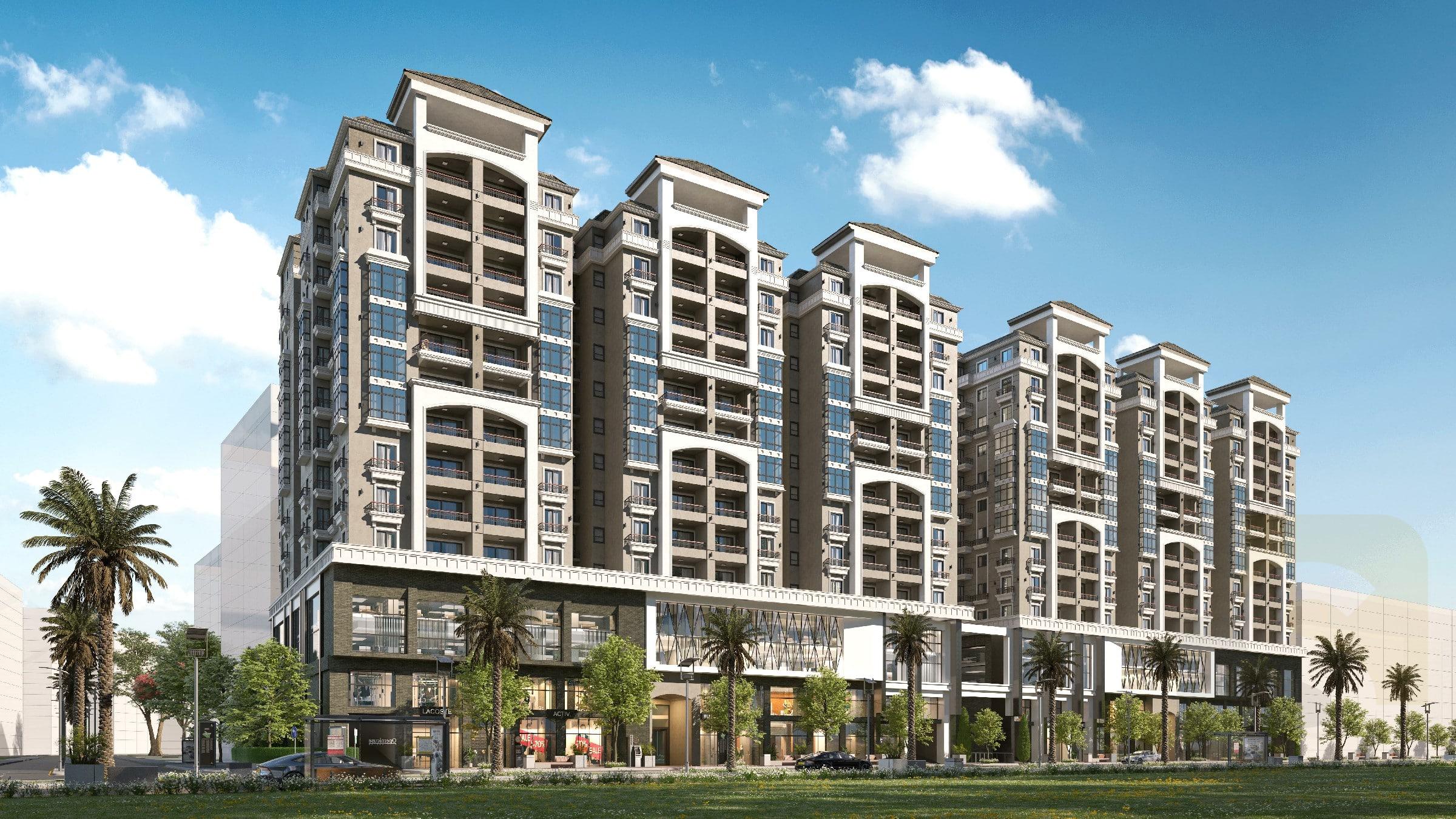 كمبوند مروج سموحة الواجهة الرئيسية والمساحات الخضراء