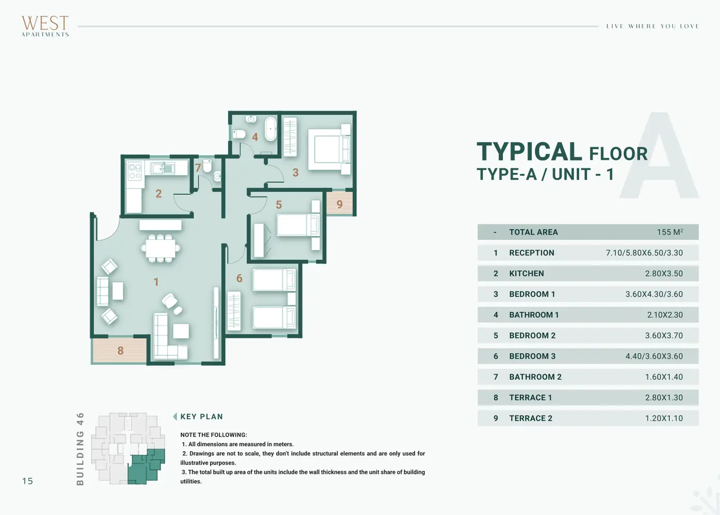 Building 46 · Type A · 3 غرف Unit 1 · Typical Floor Alex West