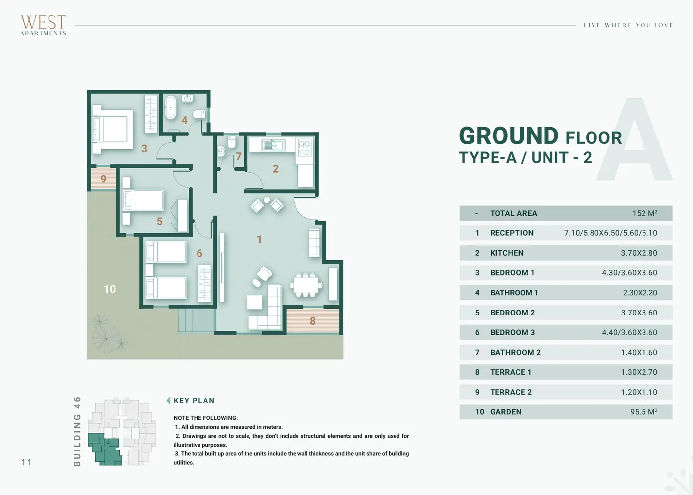 Building 46 · Type A · 3 غرف Unit 2 · Ground Floor Alex West