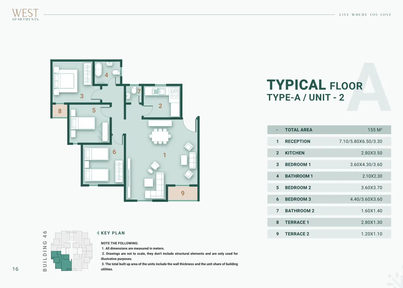Building 46 · Type A · 3 غرف Unit 2 · Typical Floor Alex West