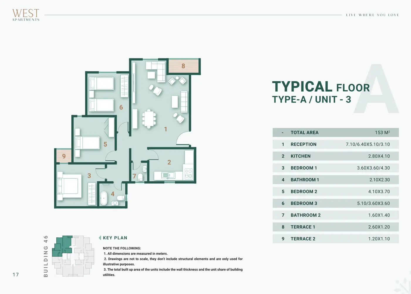 Building 46 · Type A · 3 غرف Unit 3 · Typical Floor Alex West