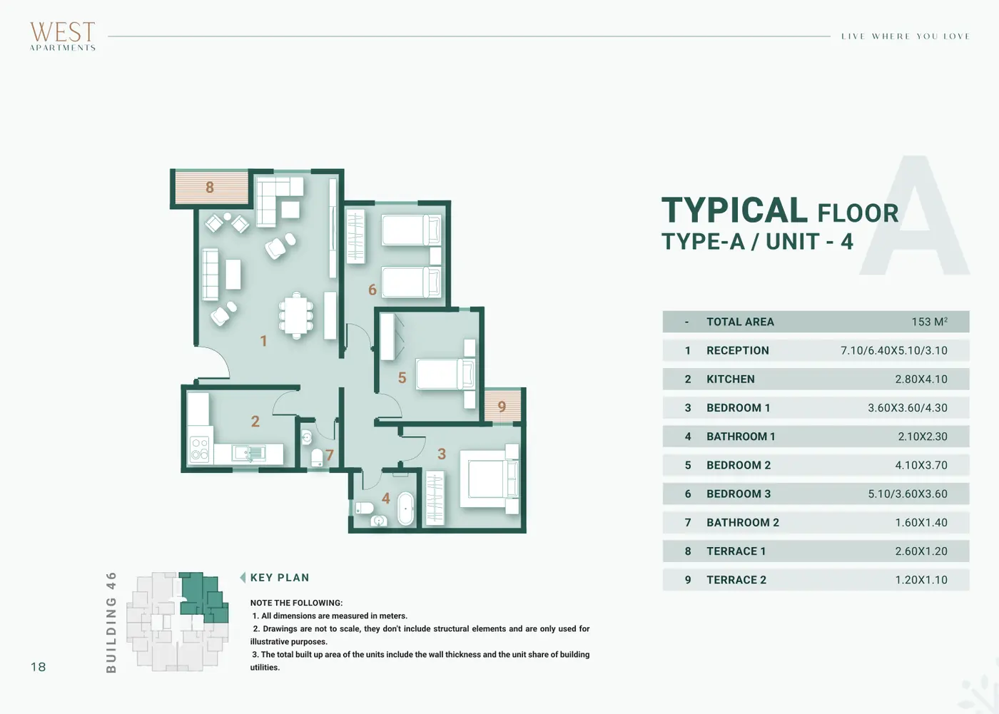 Building 46 · Type A · 3 غرف Unit 4 · Typical Floor Alex West
