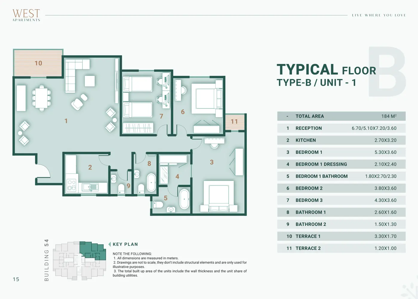 Building 54 · Type B · 3 غرف Unit 1 · Typical Floor Alex West