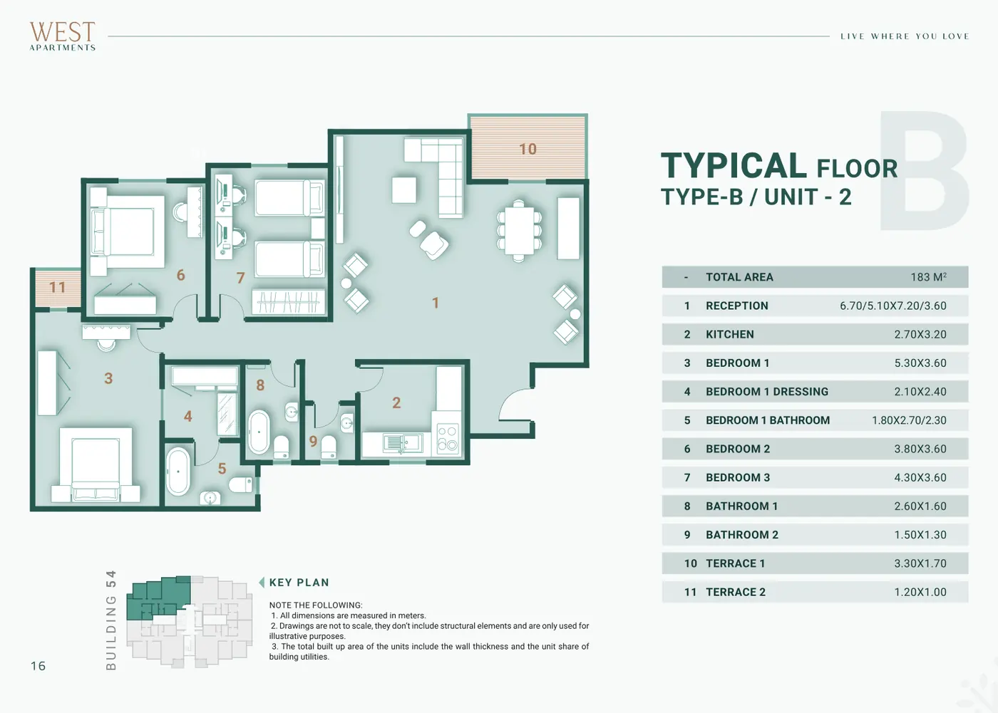 Building 54 · Type B · 3 غرف Unit 2 · Typical Floor Alex West