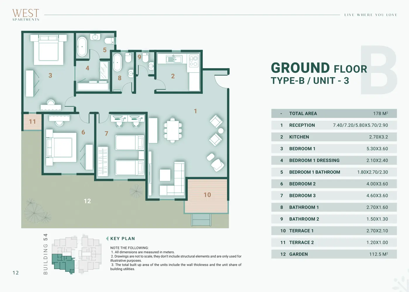 Building 54 · Type B · 3 غرف Unit 3 · Ground Floor Alex West