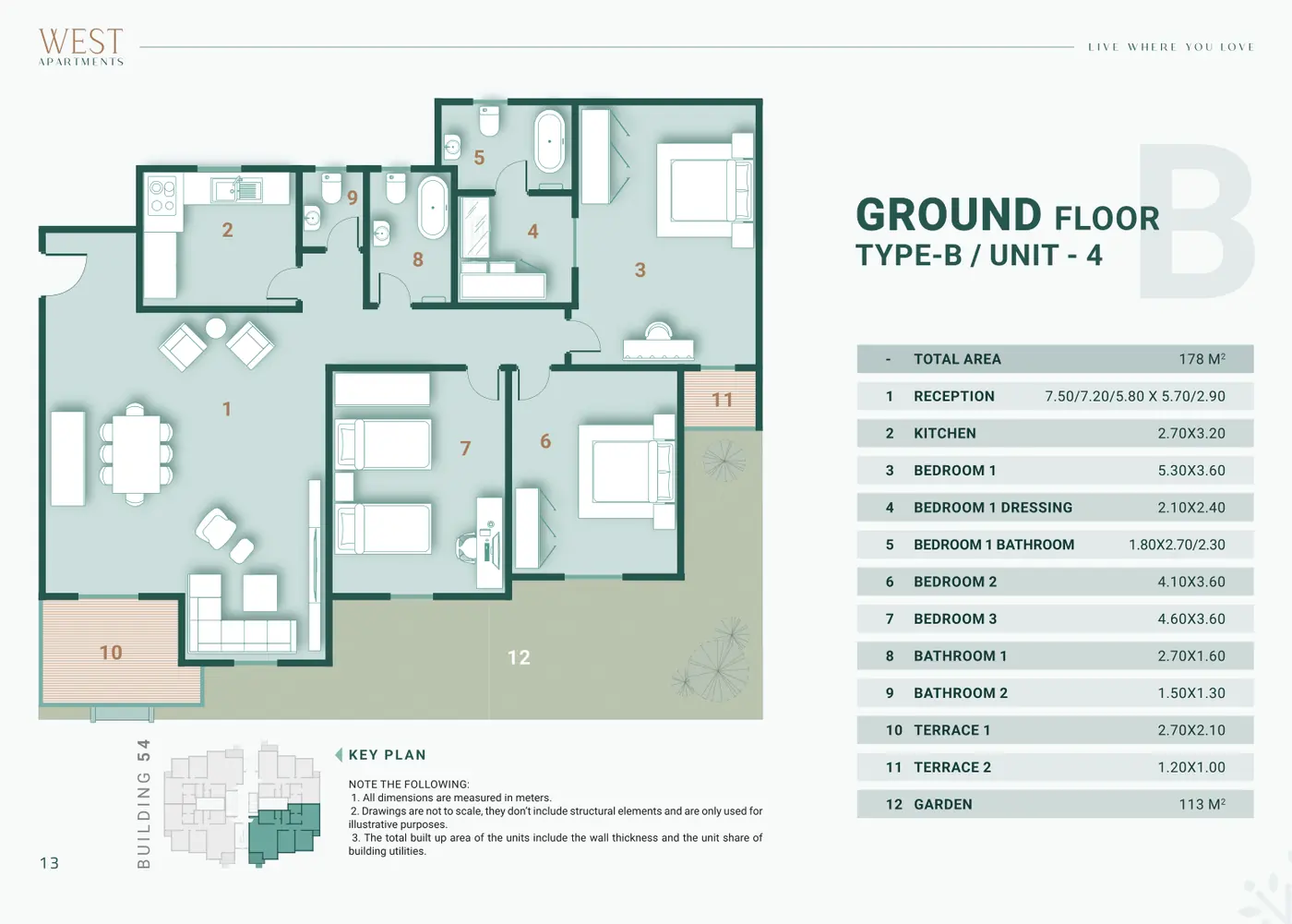 Building 54 · Type B · 3 غرف Unit 4 · Ground Floor Alex West