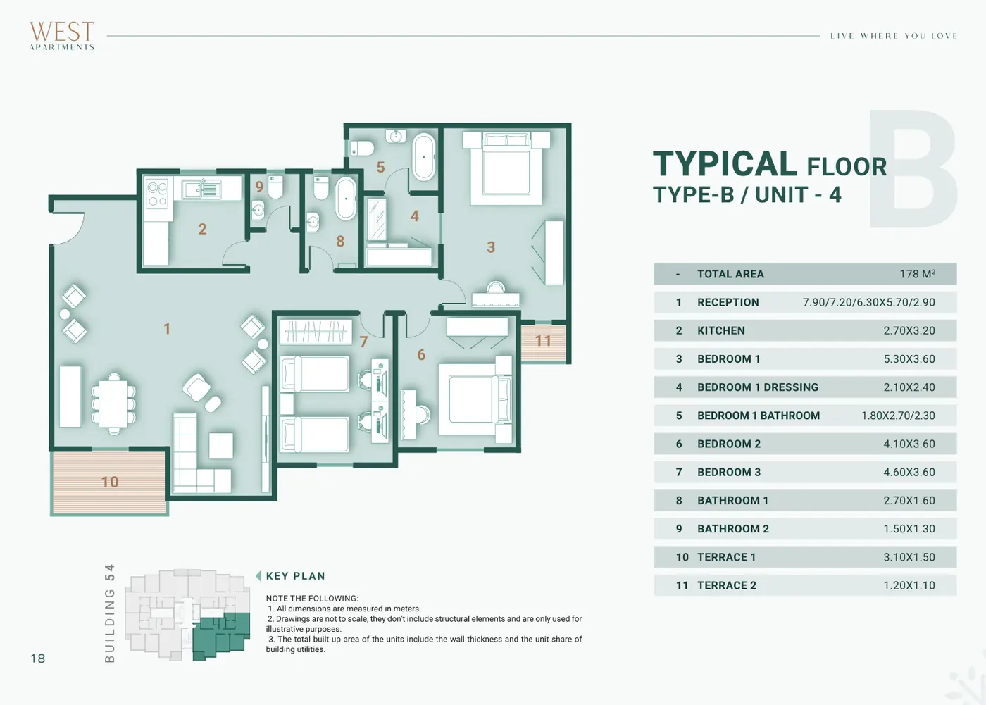 Building 54 · Type B · 3 غرف Unit 4 · Typical Floor Alex West
