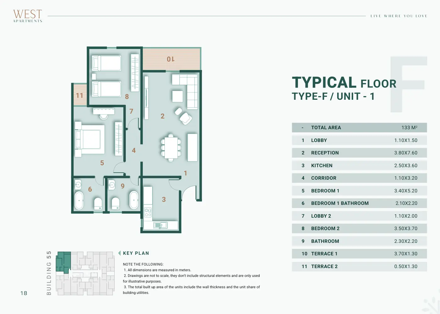 Building 55 · Type F Unit 1 · Typical Floor · 2 غرف Alex West