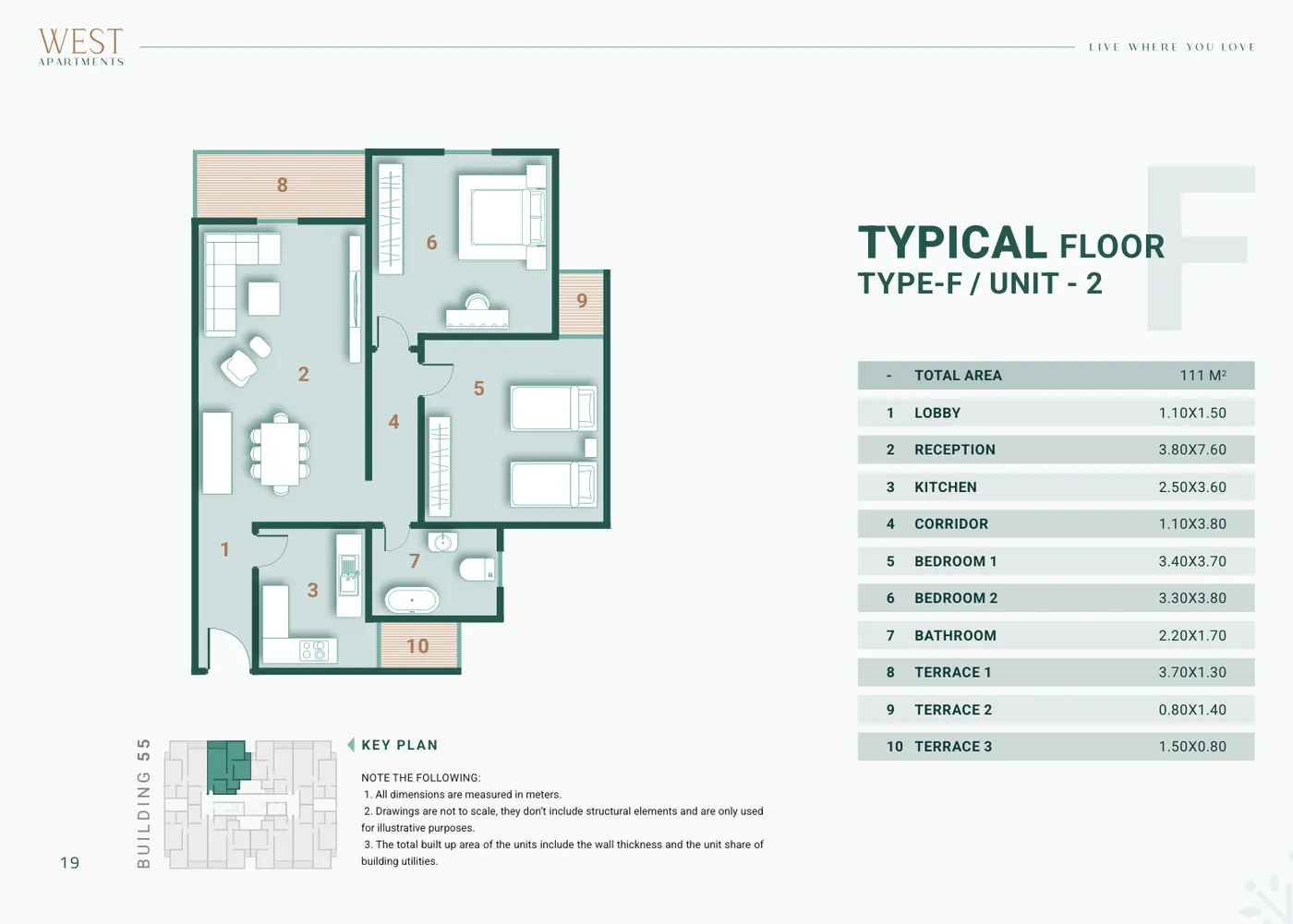 Building 55 · Type F Unit 2 · Typical Floor · 2 غرف Alex West