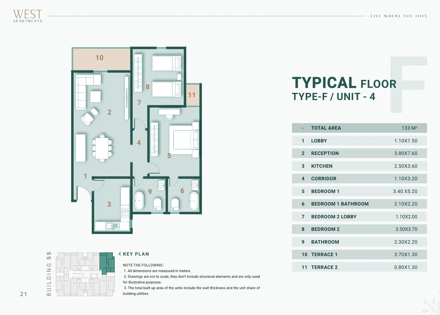 Building 55 · Type F Unit 4 · Typical Floor · 2 غرف Alex West