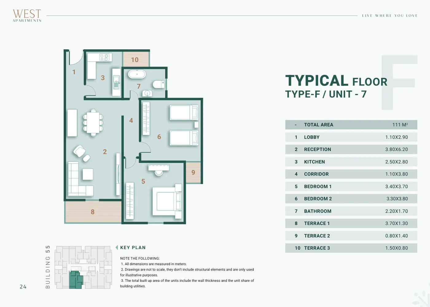 Building 55 · Type F Unit 7 · Typical Floor · 2 غرف Alex West