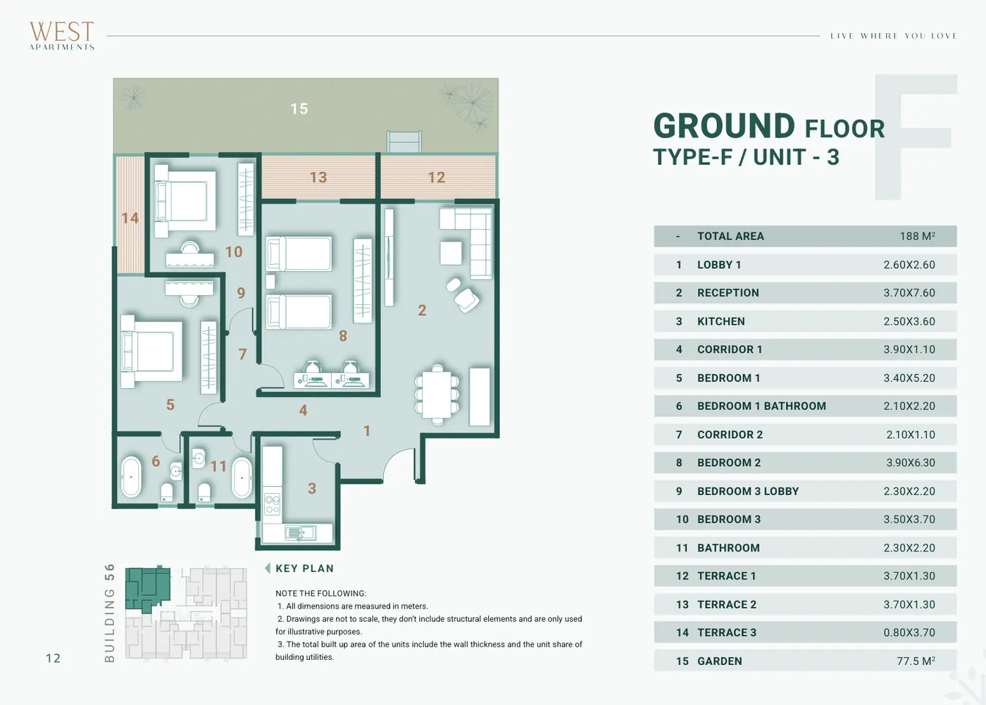 Building 56 · Type F Unit 3 · Ground Floor · 3 غرف Alex West