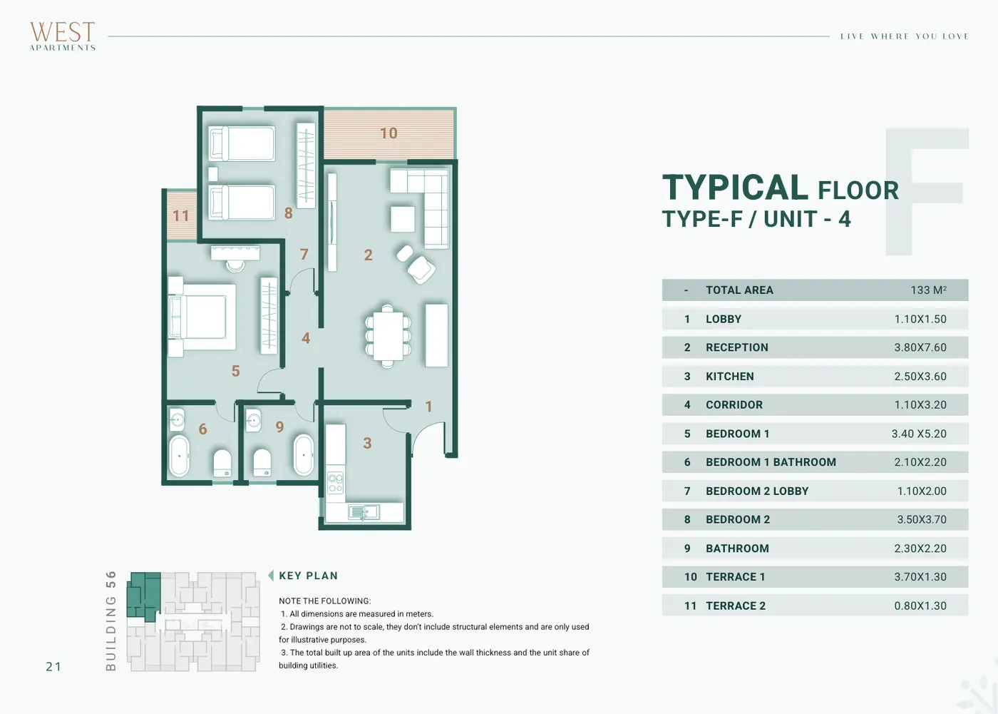 Building 56 · Type F Unit 4 · Typical Floor · 2 غرف Alex West