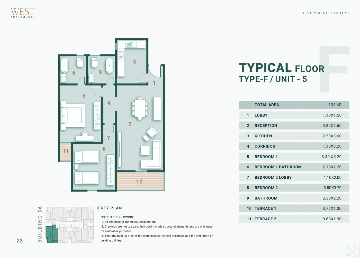 Building 56 · Type F Unit 5 · Typical Floor · 2 غرف Alex West