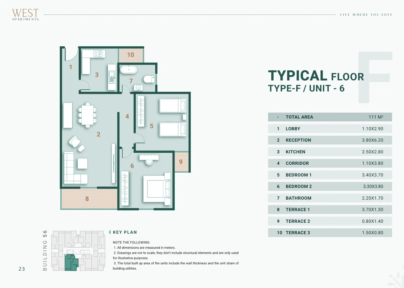 Building 56 · Type F Unit 6 · Typical Floor · 2 غرف Alex West